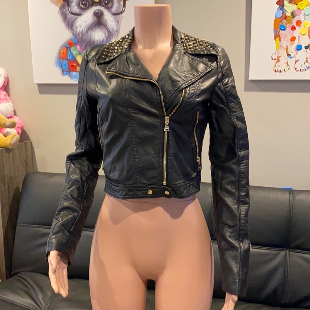 Express Studded Faux Leather Moto Biker Jacket Black XS Bikercore Y2K